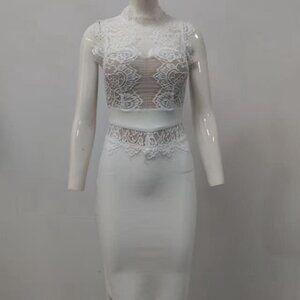 White lace dress with cutouts, tight-fitting bodycon mini skirt